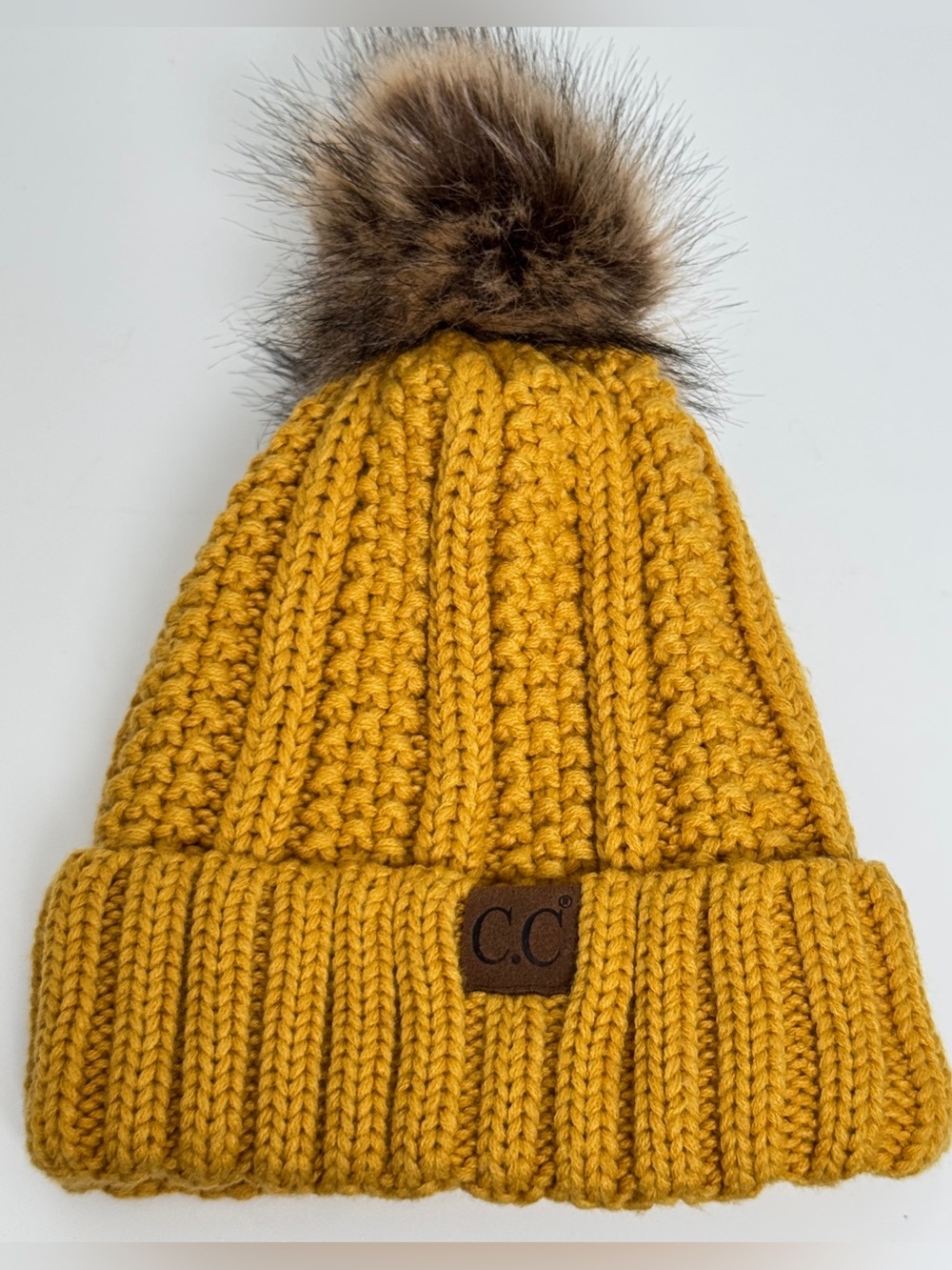 C.C. Exclusives Mustard Yellow Knit Beanie Faux Fur Pom Winter Hat